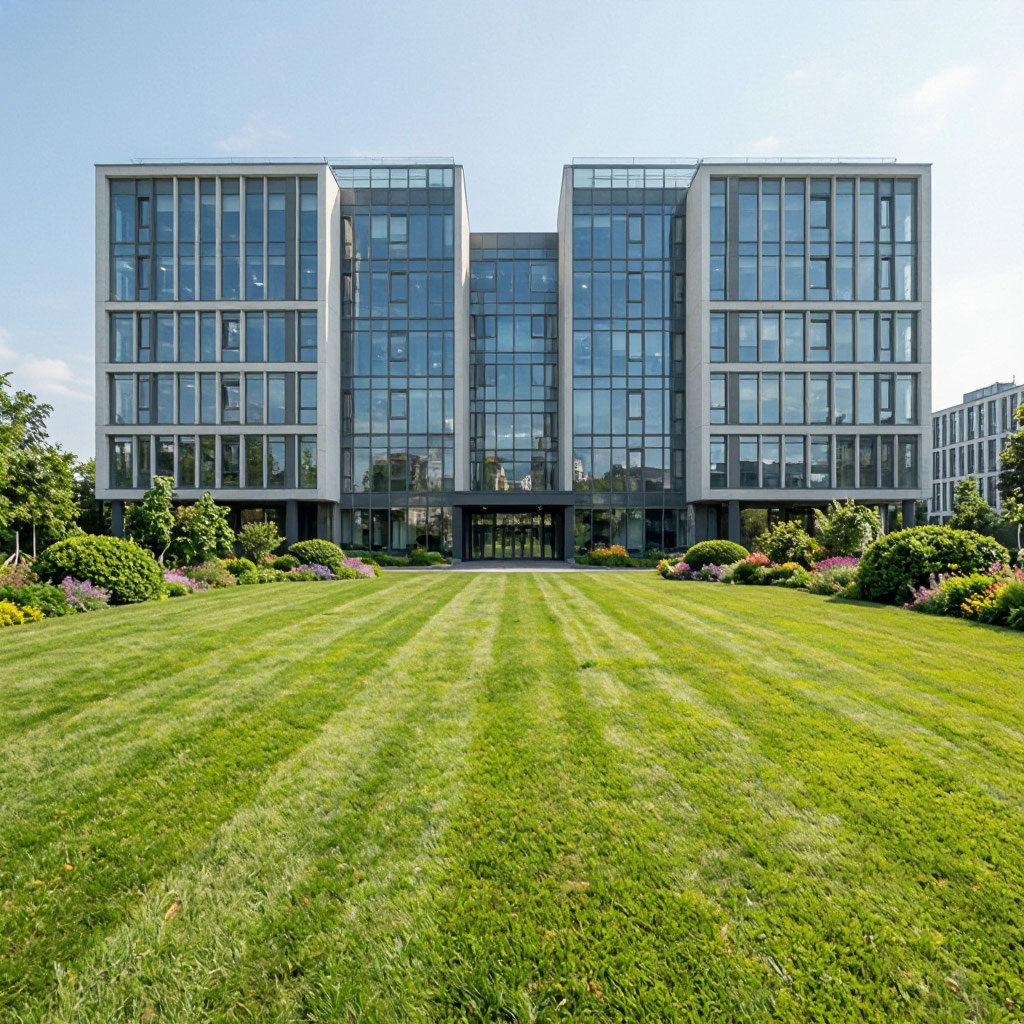 Commercial office building with manicured grounds