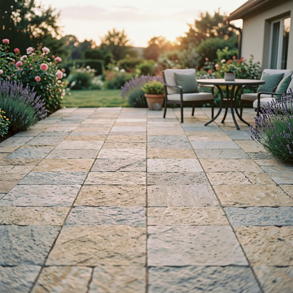 Limestone paver patio with outdoor seating