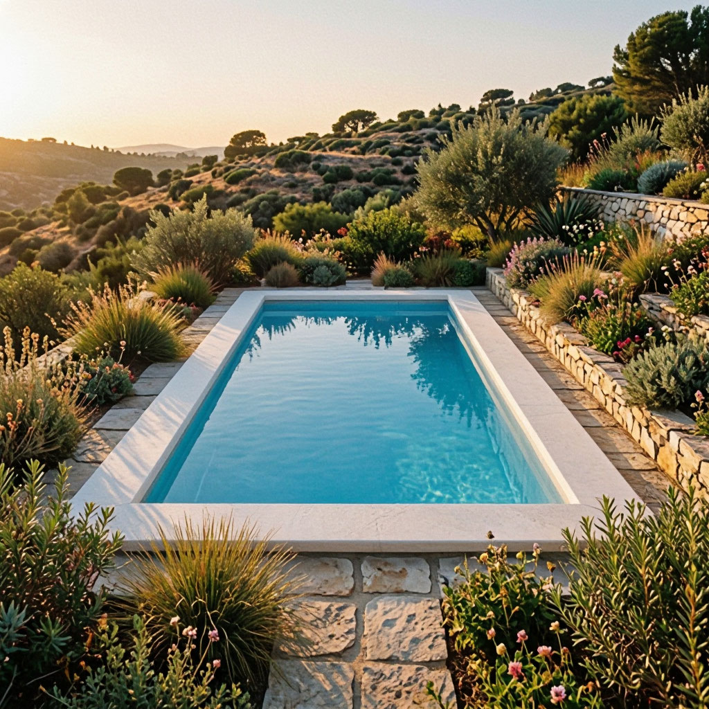 Hillside pool terrace with native plantings