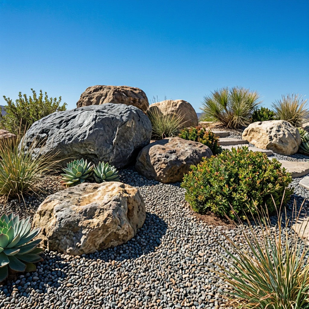 Xeriscape front yard with boulders