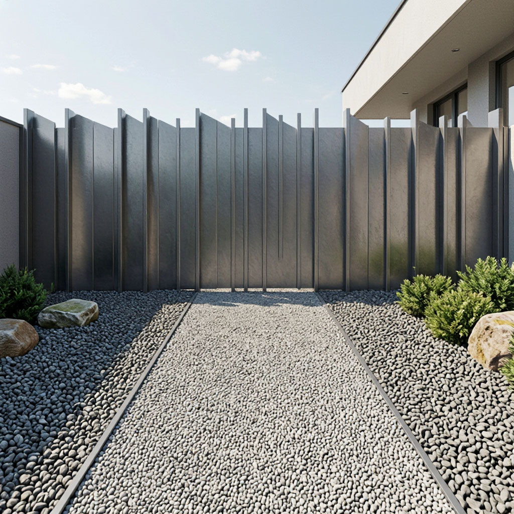 Steel-edge front yard with gravel path