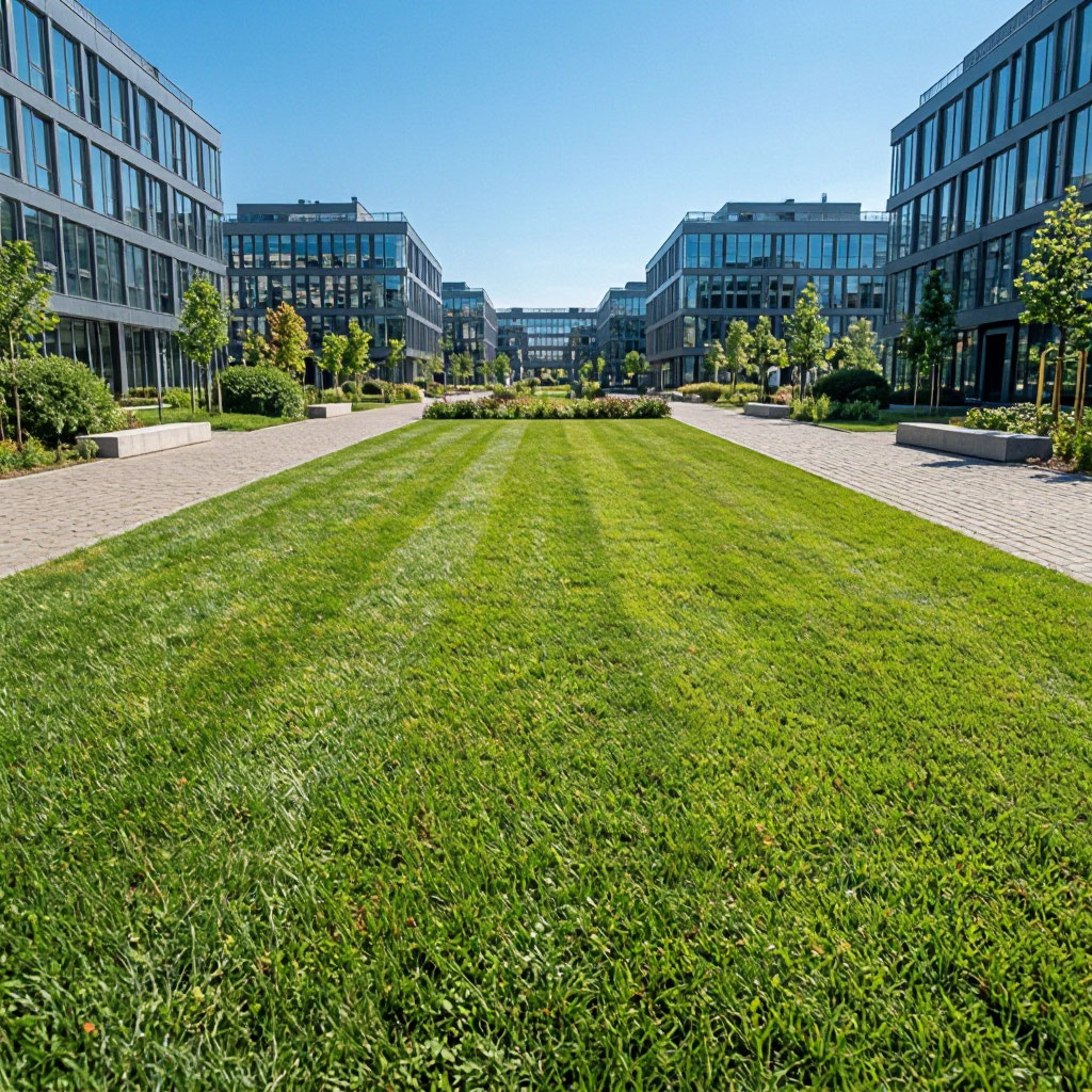 Corporate campus grounds with manicured lawn