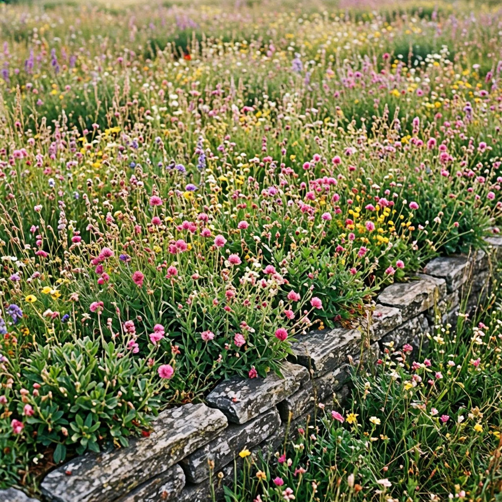 Native plant meadow with limestone edging